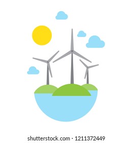 vector art of wind turbines, mountain, lake, sun and clouds 
