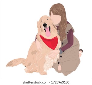 Vector art a woman hugging a friendly dog golden retriever