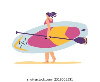 Arte vectorial de una mujer caminando por la arena con una tabla de sup y remo. Esta representación refleja el surf, el ocio activo y las aventuras de verano junto al océano.