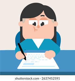 Vector art of Woman writing on a document at her office desk