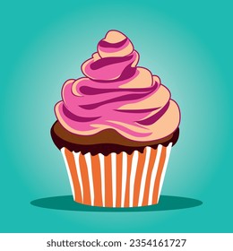 Obra vectorial de un quequito de chocolate con una colorida helada encima. Tamaño 2000x2000 px. La Idea para la decoración de productos de diseño, la decoración textil.