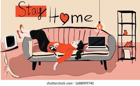 Vector art work of quarantine mood. Pretty girl sleeping with notebook in furnitured room. Style interior. Retro vintage picture with caligraphy stay home. Lazy worker in comfort zone. Laying in sofa.