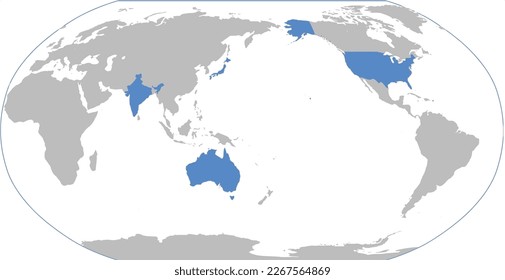 vector art of world map highlighting the Quadrilateral countries in blue