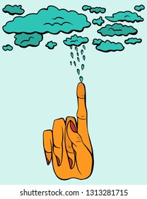 Vector art of yellow finger, hand gesture with turquoise clouds and rain drops. Illustration for t-shirt print, card or poster.  Surreal drawing isolated on light blue background