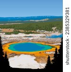 Vector art of Yellowstone National Park with an iconic view of its Yellowstone Caldera. An illustration of for art prints, badges or designs.