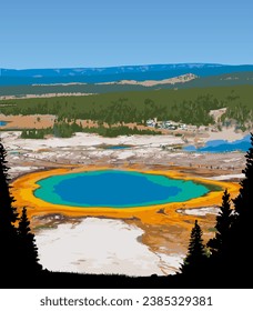 Vector art of Yellowstone National Park with an iconic view of its Yellowstone Caldera. An illustration of for art prints, badges or designs.