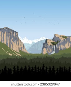 Vektorkunst des Yosemite Nationalparks mit einem einmaligen Blick auf die Granitfelsen von El Capitan. Eine Illustration für Kunstdrucke, Abzeichen oder Designs.