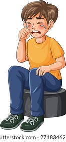Arte vectorial de un niño sentado en un taburete llorando y limpiándose los ojos