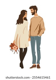 Vector art of a young couple strolling together, sharing a loving gaze