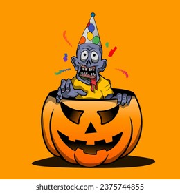 vector art of a zombie celebrating halloween coming out of a pumpkin