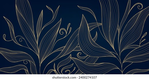 Vector artdeco floral pattern, gold flower wallpaper, leaves japanese style illustration. Elegant, fancy drawing