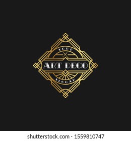 Vector Art-Deco logo template for barbershop, hair collective, stylist. Art Deco luxury golden vintage retro frame.