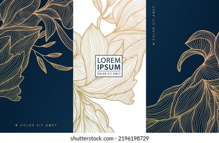 Vector artdeco luxury flower, leaves line pattern, golden background. Hand drawn florals for packaging, social media post, cover, banner, creative post and wall arts.