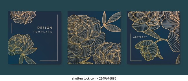 Vector artdeco luxury flower line pattern, golden background. Hand drawn peonies for packaging, social media post, cards, banners. Square shape 