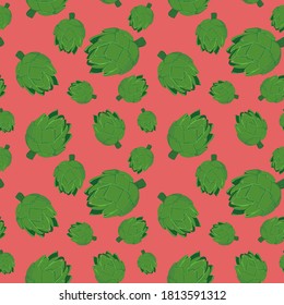 Vector artichokes seamless pattern in redish pink background. Perfect for textile design, fashion prints, paper background and print on demand products.