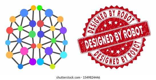 Vector artificial brain icon and corroded round stamp seal with Designed by Robot text. Flat artificial brain icon is isolated on a white background.