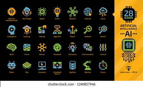 Vector Artificial Intelligence Color Icon Set On A Black Background With Machine Learning, Smart Robotic Tech And Cloud Computing Network Digital AI Technology Colorful Symbols.