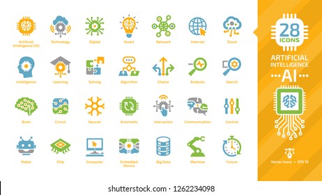 Vector Artificial Intelligence Color Icon Set With Machine Learning, Smart Robotic Tech And Computer Network Digital AI Technology: Internet, Cloud, Solving, Algorithm, Choice, Analysis Colorful Sign.