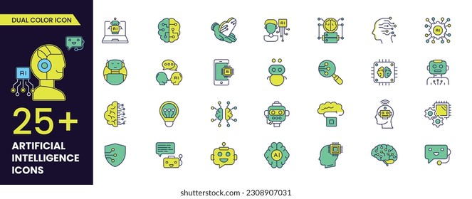 Inteligencia artificial vectorial conjunto fácil de editar de iconos de doble color con aprendizaje automático, red inteligente de computación robótica y en nube, tecnología de IA digital, Internet, resolución, algoritmo, signo de elección.