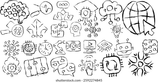 Vector artificial intelligence editable icon in doodle style. hand drawn icons of machine learning, smart robot and digital AI technology cloud computing network: internet, solving, algorithm, choice.
