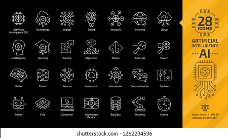 Vector artificial intelligence editable stroke thin outline white icon set on a black background with machine learning tech, smart robotic and cloud computing network digital AI technology line sign.