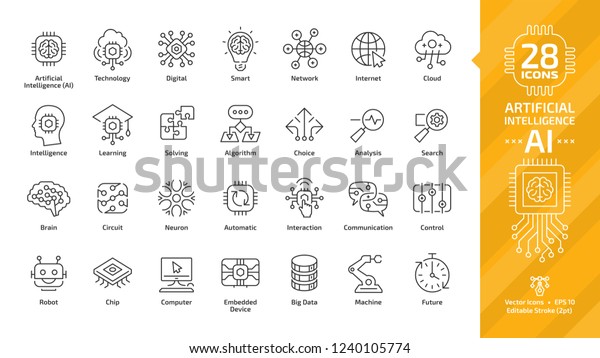 Vector artificial intelligence editable stroke thin\
outline icon set with machine learning, smart robotic and cloud\
computing network digital AI technology: internet, solving,\
algorithm, choice sign.