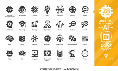 Vector artificial intelligence glyph icon set with machine learning, smart robotic and computer network digital AI technology: intelligent tech, brain circuit chip, cloud computing and internet sign.