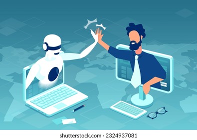 Vector of artificial intelligence, robot collaboration with a businessman 