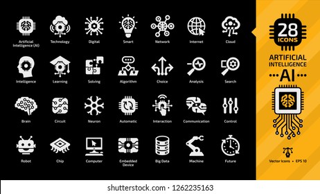 Vector Artificial Intelligence White Glyph Icon Set On A Black Background With Machine Learning, Smart Robotic And Cloud Computing Network Digital AI Technology.