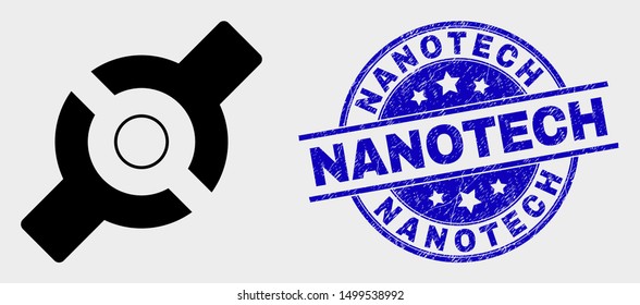 Vector artificial joint icon and Nanotech seal stamp. Red rounded scratched stamp with Nanotech caption. Vector composition in flat style. Black isolated artificial joint icon.
