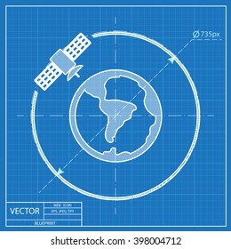 Vector artificial satellite in space, flat blueprint icon 
