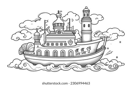 Vector Art,Illustration of Flying ship on the clouds, Lineart