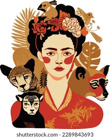 Vector of the artist Frida Kahlo with fantasy animals