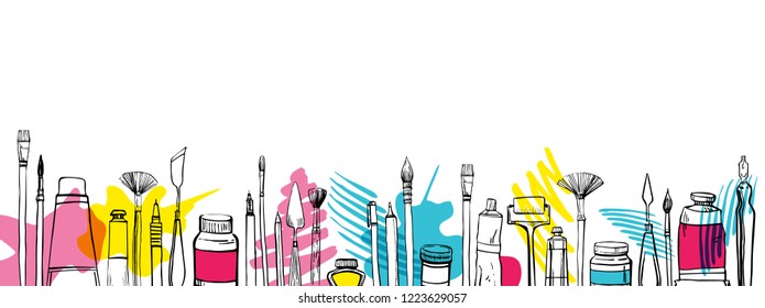 Vector artist materials in row. Hand drawn stylized sketch.  Black and white stylized illustration with color stains. Painting and drawing tools. Brushes, tubes, pens, knives
