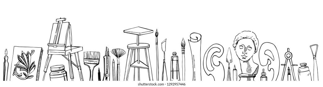 Vector artist materials in a row - hand drawn sketch. Black and white stylized illustration with painting and drawing tools isolated on white background. Easel, tubes, brushes, models, pens, rulers