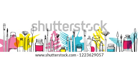 Vector artist materials in row. Hand drawn stylized sketch.  Black and white stylized illustration with color stains. Painting and drawing tools. Brushes, tubes, pens, knives