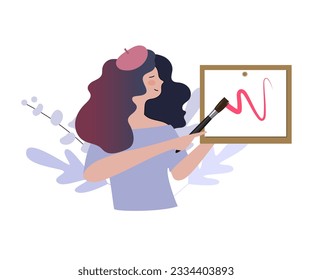 Artista vectorial trabajando con pincel y tableta para dibujar. Estilo de vida, hobby, profesión, concepto educativo. Gran elemento para tu diseño.