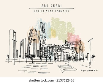 Vector artistic Abu Dhabi, United Arab Emirates postcard. Downtown skyscrapers panorama. Hand drawing. Travel sketch. Vintage horizontal format touristic greeting card, poster, brochure illustration