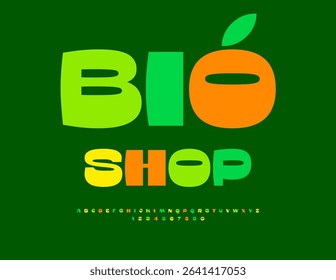 Vector Artistic Advertisement Bio Shop. Bright Colorful Font. Modern Uppercase Alphabet Letters and Numbers set.