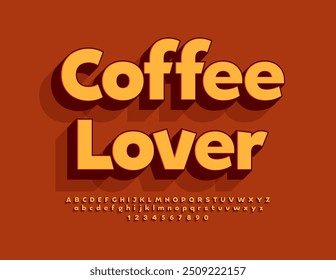 Anúncio artístico vetorial Coffee Lover. Fonte 3D Moderna. Letras e Números Alfabetos Brilhantes.