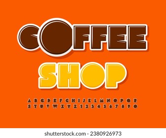 Vector artistic advertisement Coffee Shop. Bright Glossy Font. Modern Alphabet Letters, Numbers and Symbols