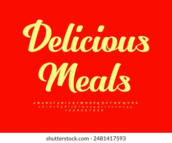 Vector artistic Advertisement Delicious Meals. Modern Cursive Font, Creative Alphabet Letters and Numbers set.