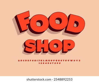Vector artistic advertisement Food Shop. Stylish Red Font. Isometric Alphabet Letters and Numbers.
