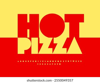 Vector artistic advertisement Hot Pizza. Modern Unique Font. Yellow Big Alphabet Letters and Numbers set