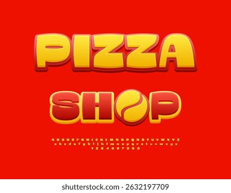 Vector Artistic Advertisement Pizza Shop with Decorative Emblem. Bold Yellow and Red Alphabet Letters and Numbers set.