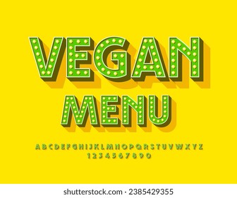 Vector artistic advertisement Vegan Menu. Electric Lightbulb Font. Vintage Lamp Alphabet Letters and Numbers set