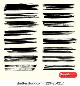 Vector artistic backdrop. Black paint, acrylic brush, gouashe brush stroke, line or texture. Monochrome design elements. Hand drawn brush strokes and stains. Saved in the brushes palette. 