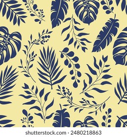 Vector artistic background, tropical leaf, wallpaper, monstera blue seamless pattern, vintage yellow background illustration.