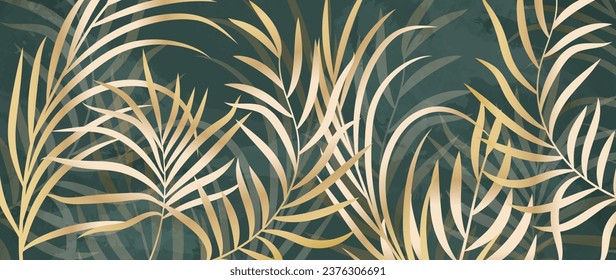 Fondo artístico vectorial con textura acuarela. Hojas de palma verde dorado, ilustración tropical botánica. Maravillosa parcela exótica para paredes, impresiones, impresiones, banner, tela.	