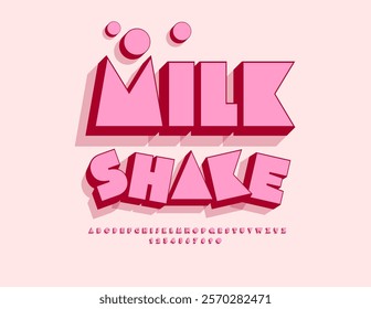 Vector artistic badge Milk Shake. Abstract style 3D Alphabet Letters and Numbers set. Pink Geometric Font.